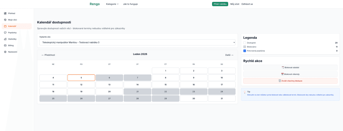Půjčovna vytvoří profil a nabídku